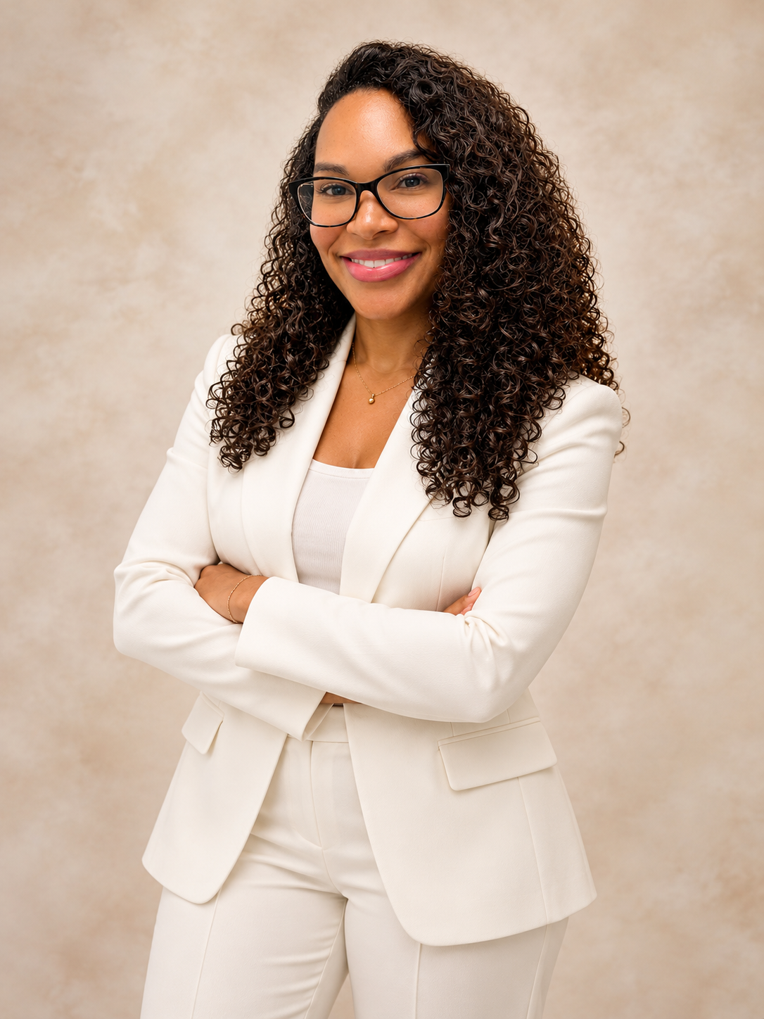Nicole Wright in an ivory suit — original supplied photograph